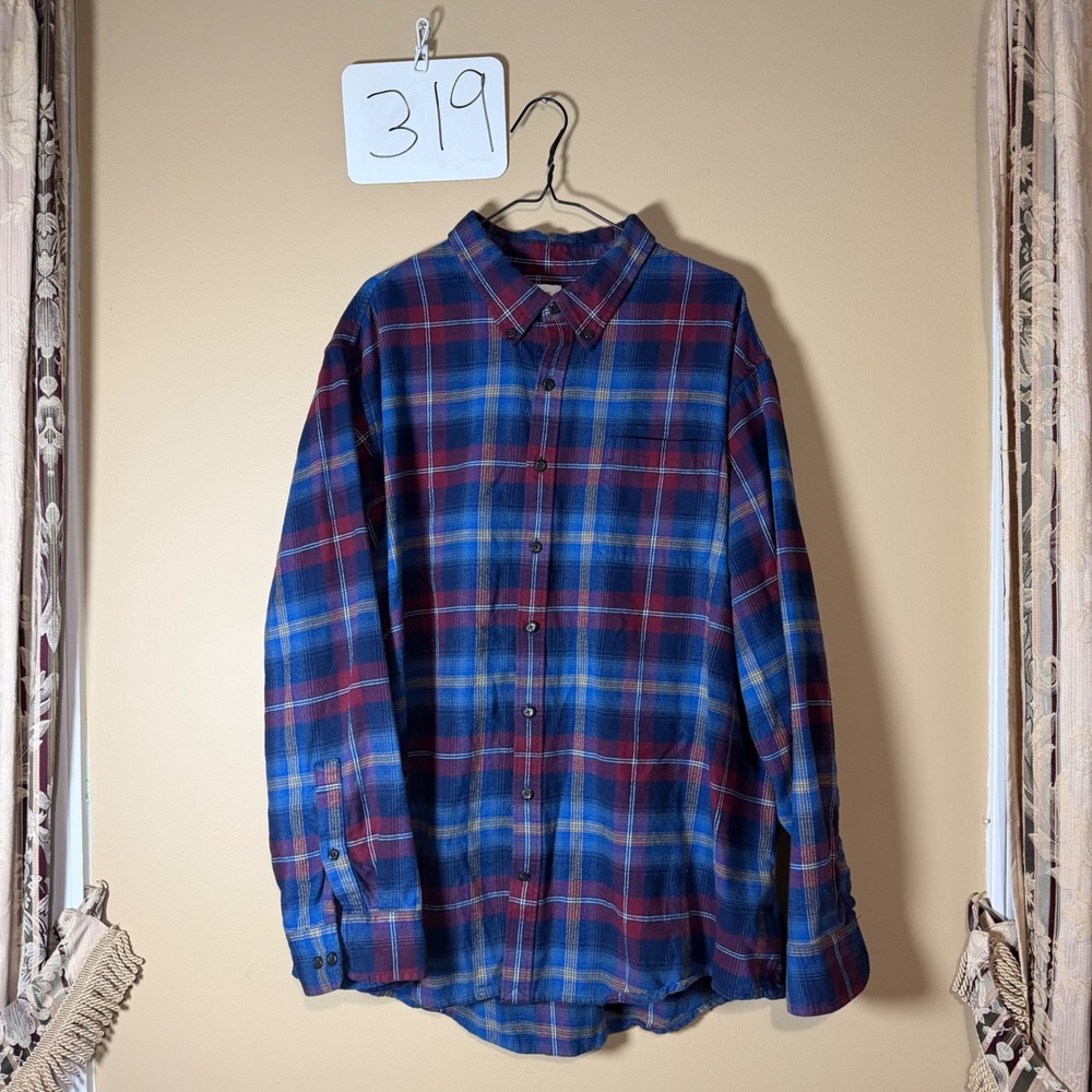 Lands End Blake Shelton Mens 3XL Tall Flannel Shirt Blue Burgundy Plaid Cotton